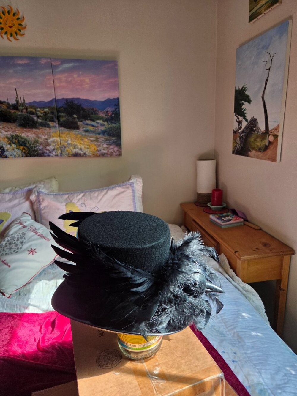 STUNNING RAVEN EMBELLISHED TOP HAT..REAL FEATHERS...DARK CHARM